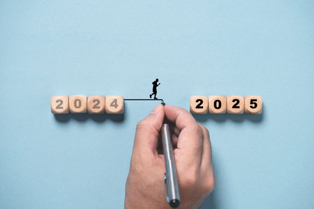 Hand writing line to connect between 2024 to 2025 for change and preparation merry Christmas and happy new year concept.の写真素材