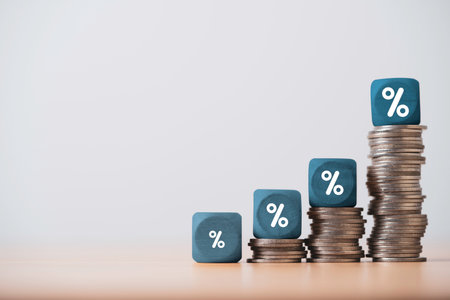 Increasing coins money and percentage symbol for financial banking increase interest rate or mortgage investment dividend from business growth concept.の写真素材
