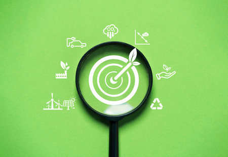 Target board with arrow inside of magnifier glass among environment icon include recycle planting carbon reduction electric vehicle green factory and alternative energy for focus green economy conceptの写真素材