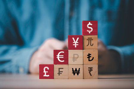 The main currency sign include dollar euro yen yuan pound sterling print screen on wooden block cube...