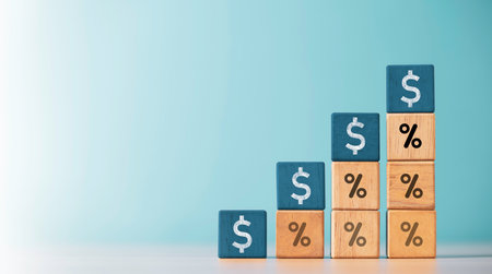 USD dollar sign with percentage print screen on wooden block cube and stacking for Dollar is the main and popular currency exchange in the world.の写真素材
