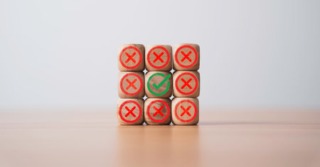 Green correct sign mark are surrounded by Red Cross sign mark for reject and approve document and project concept.の写真素材