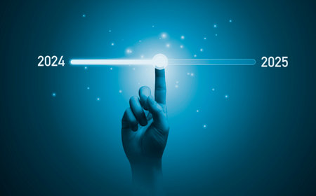 Hand touching on download bar status to change from 2024 to 2025  for countdown of merry Christmas and happy new year by technology concept, Start new business and new life.の写真素材