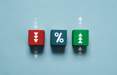 Percentage sign symbol between down and up arrow for financial banking increase interest rate or...