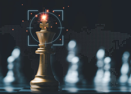 Golden king chess encounter with silver chess enemy on dark background and connection line for strategy idea and futuristic conceptの写真素材