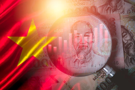 Double exposure among of Dong banknotes with stock market graph chat and Vietnam flag for Vietnam country is new born economy and high business development growth from many investment concept.の写真素材