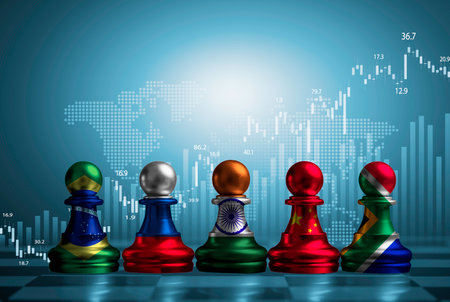 Brazil Russia India China and South Africa flag print screen on pawn chess with stock market graph for BRICS economic international cooperation concept .の写真素材