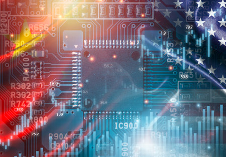 Double double exposure of USA flag and China flag with Electronic Microchip with stock market graph chart for Chip war between United States of America and China concept.の写真素材