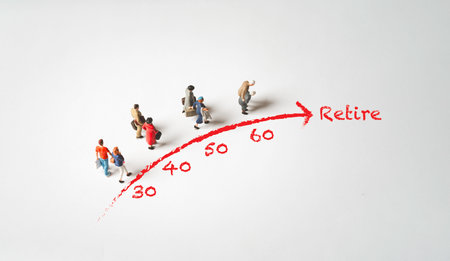 Miniature figure walking since young people until old person with red arrow in age rang for working...