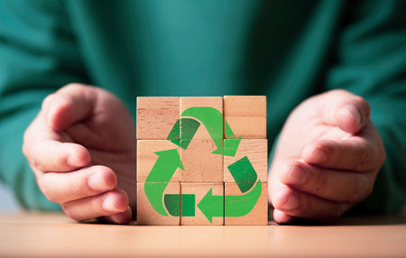 Businessman hand give recycle sign  symbol which print screen on wooden block cube for stick on packaging of product , Reuse reduce and recycle to reservation environment concept.の写真素材