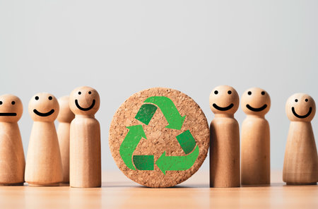 Miniature figure standing with recycle sign  symbol which print screen on wooden block cube for stick on packaging of product , Reuse reduce and recycle to reservation environment concept.の写真素材