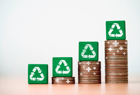 Recycle icon print screen on increasing coins stacking with plus sign for Reuse reduce and recycle...