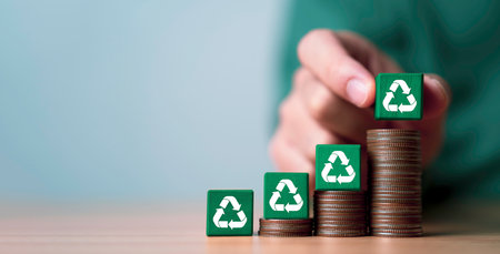Businessman holding recycle symbol which print screen on wooden block cube on increasing coins stacking for enhance reuse reduce and recycle to increase business profit concept.の写真素材