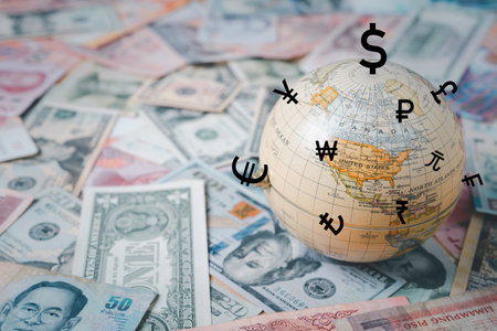 World on international banknotes with currency sign include dollar euro yen yuan pound sterling for money transfer and trade forex concept .の写真素材