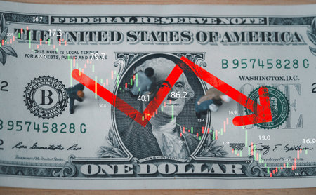 Businessmen miniature figure standing on USD banknote with red down arrow  and stock market graph chart for United States of America have economic recession crisis conceptの写真素材