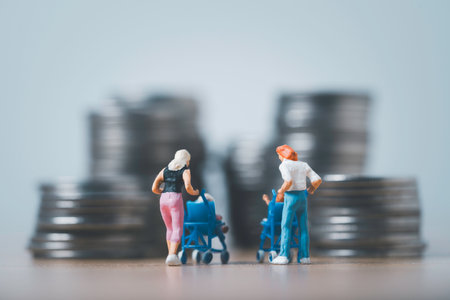 Parents miniature figure pushing a baby stroller to coins stacking for Family financial planning  including Education, Life Insurance, Home, Travel concept.の写真素材
