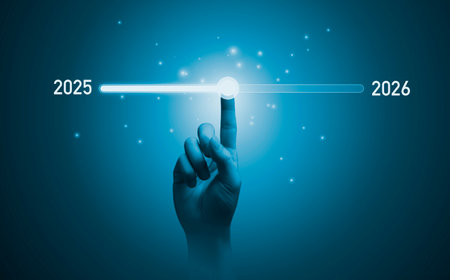 Hand touching on download bar status to change from 2025 to 2026 for countdown by technology concept, Start new business and new life.の写真素材