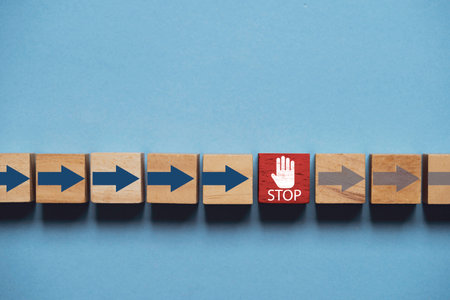 Illustration of hand stop sign symbol prohibit black arrow moving on for  stop in next process concept.の写真素材