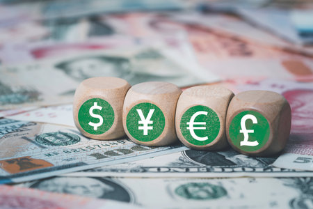 International banknotes with currency sign include dollar euro yen yuan pound sterling  for money transfer and trade forex concept.の写真素材