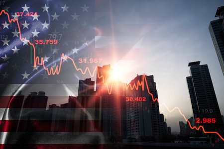 Skyscaper with united state of America flag and stock market chart for USA economy and investment concept.の写真素材