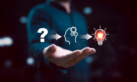 Businessman holding illustration from questioning to understanding and finally achieving an idea. It...