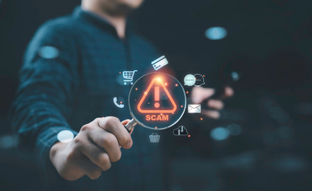 Businessman holding magnifier glass inside with glowing red exclamation waring caution sign with technology including credit card calling e-mail message cloud computing for alert cybersecurity conceptの写真素材