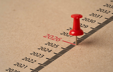 Red pin on paper with 2026 year for preparation new year concept.の写真素材