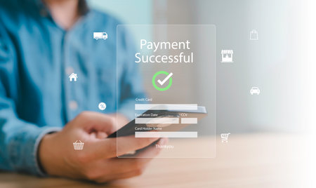 Mobile payment successful confirmation, secure digital transaction with credit card, fintech innovation, e-commerce shopping, safe internet banking, modern cashless financial technology.の写真素材