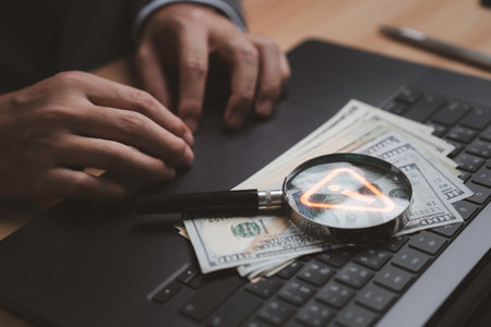 Close up businessman hand working on laptop with dollar bills and caution sign on magnifying glass symbolizing financial scammer money fraud risk online security cybercrime and digital economy safetyの写真素材
