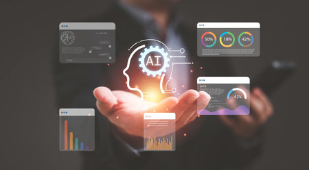 Futuristic artificial intelligence and big data analytics concept showing AI technology, machine learning, and digital transformation for business innovation and modern solutions.の写真素材