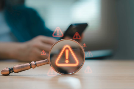 Magnifying glass focusing on warning alert icon with exclamation mark while businessman using smartphone Concept of cyber security data risk system error online fraud technology danger and cautionの写真素材