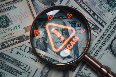Magnifying glass focusing on scam warning symbol over dollar bills concept of financial fraud money laundering cybercrime and online scam alert for security awareness and finance protectionの写真素材