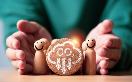 Hands protecting wooden figures and cork icon with CO2 symbol showing carbon reduction sustainability environment climate care eco responsibility and green energy concept for clean futureの写真素材