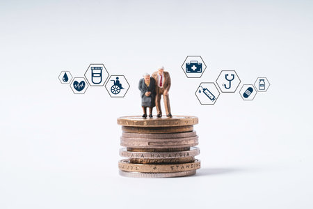 Miniature elderly couple standing on stacked coins with medical icons concept of retirement planning financial security and health insurance for seniors long term care and medical expenses managementの写真素材