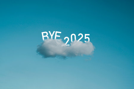 Bye 2025 floating above cloud in blue sky symbolizes end of year farewell reflection transition...