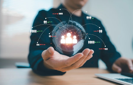 Business professional presenting global customer network with data analytics for audience growth,...