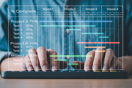 Businessman managing project timeline with gantt chart and progress tracking dashboard represent task completion percentage, workflow planning, productivity analysis and project management conceptの写真素材