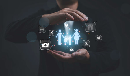 Family insurance protection concept with hands shielding family icons representing health insurance,...