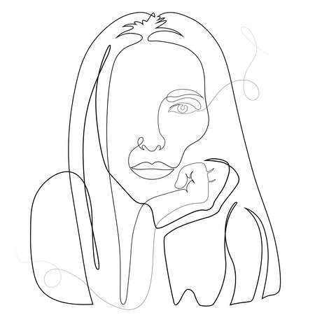 One line drawing style. Portrait, a pensive girl leaned her head on her hand. Modern Minimalist Simple Linear Style. Use it for design card, poster, banner, fashion print.のイラスト素材