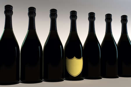 bottles of champagne in a row on white backgroundの写真素材