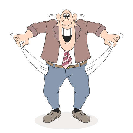 Unemployed but cheerful man shows empty pockets, don't lose hope in poverty and lack of money, cartoon character, outline.のイラスト素材