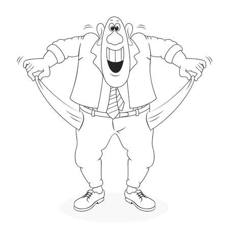 Unemployed but cheerful man shows empty pockets, don't lose hope in poverty and lack of money, cartoon character, outline.のイラスト素材