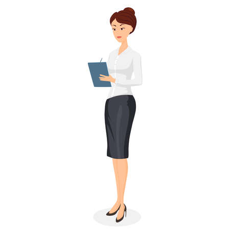 business woman, cute office girl, secretary with a folder or a tablet in her hands, writes down instructions. cartoon character isolated on white.のイラスト素材