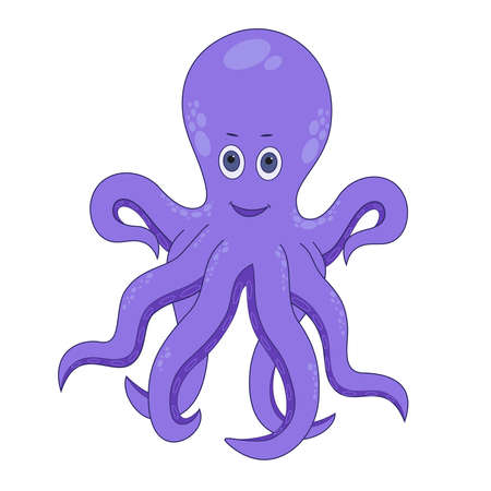 Cute cartoon smiling purple octopus on a white isolated background, Print for shirt, children room decorのイラスト素材