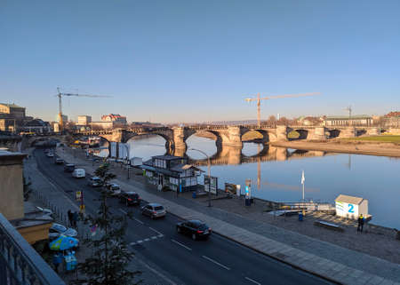 Dresden, Germany - January 2, 2020: Bridge over the river Elbe, Bruhl's Terrace In Dresden, Saxony, Germanyのeditorial素材