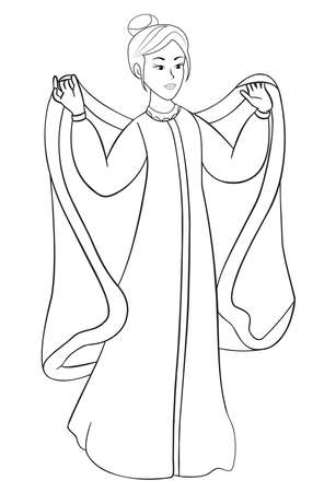 girl holding a cape in her hands, cartoon, outlineのイラスト素材