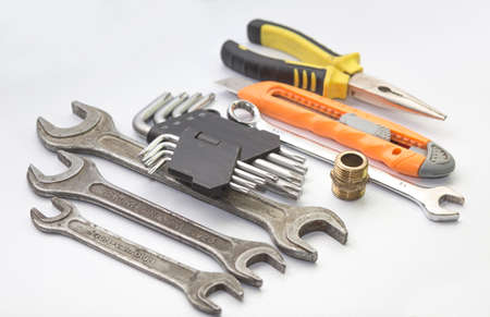 set of hand tools for repair, on a white backgroundの写真素材
