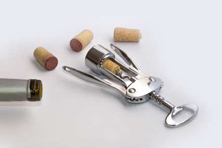 corkscrew with wine corks, on an isolated backgroundの写真素材