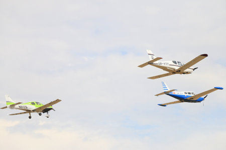 Novoselivka, Dnipropetrovsk region, Ukraine - 08.24.2016: Airshow, three planes perform a stuntのeditorial素材