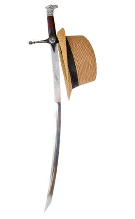 Cossack saber with a straw hat on an isolated black white backgroundの写真素材